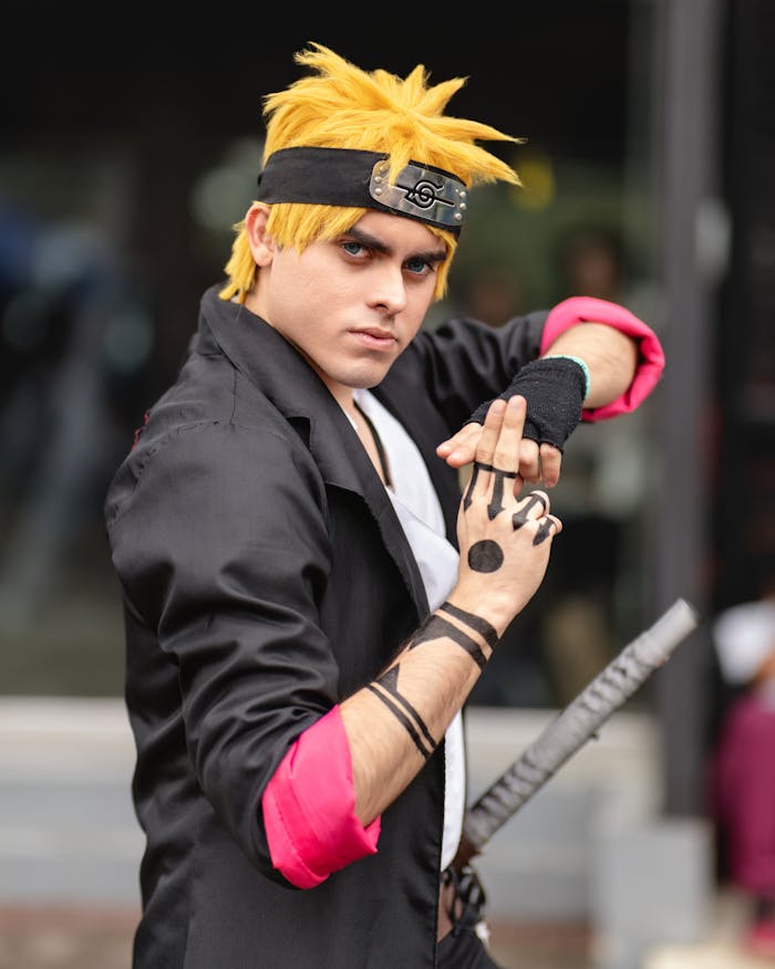 Dynamic anime character cosplay at a convention in San José, Costa Rica.
