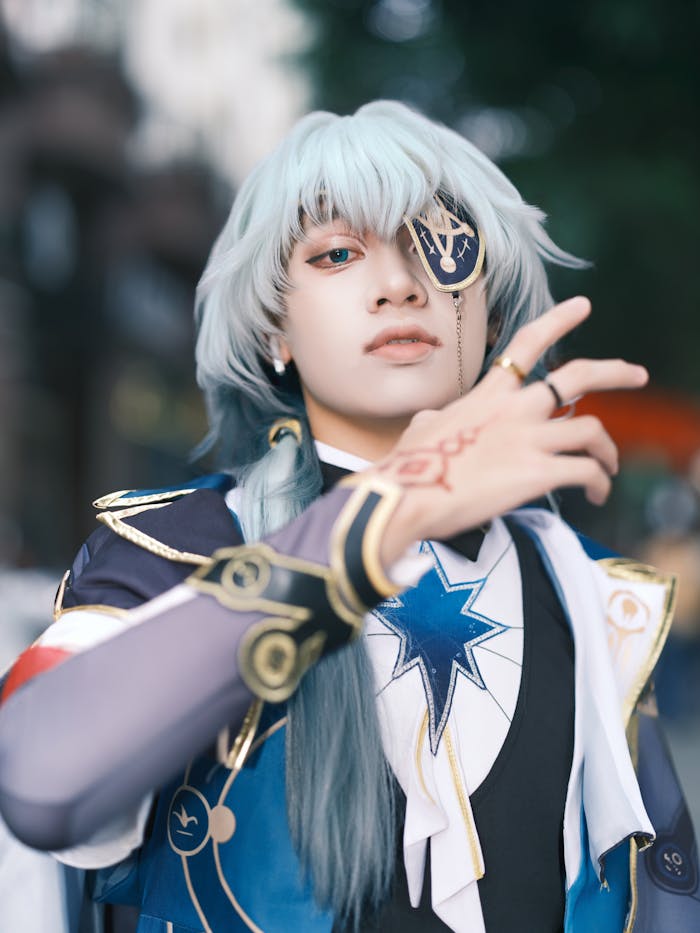 Close-up of a cosplayer in detailed costume and eye patch, outdoors.